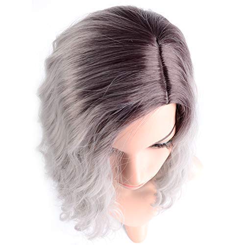FAELBATY 14" Short Curly Bob Grey Wigs Shoulder Length Side Part Women's Short Wig for Girl Halloween Costume Cosplay Wigs Ombre Purple Grey Color