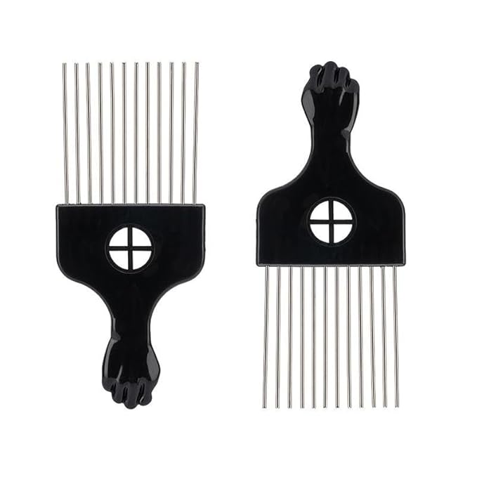 Black Metal Afro Pick Combs for Curly Hair - Detangle & Style Comb for Women and Men, Durable Plastic & Metal, Fist Design for Hair Styling, Perfect for Wigs (2 Pack Hair Comb, Count, 2)