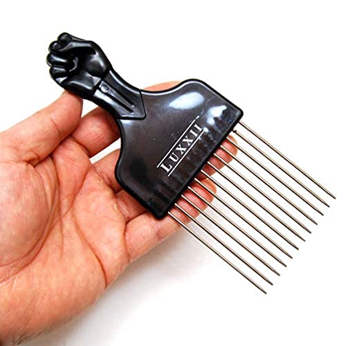 (2 Pack) 6.75" Black Fist Metal Afro Pick Lift Hair Comb Detangle Wig Braid Hair Man Styling Comb