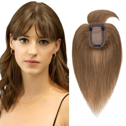 SEGO Hair Toppers for Women Real Human Hair for Thinning Hair, Clip In Topper with Front Bangs, Straight, 150% Density, Silk Base, 8 Inches,#6 Light Brown