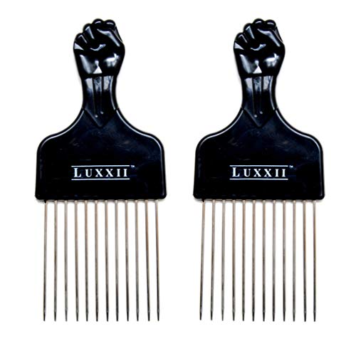 (2 Pack) 6.75" Black Fist Metal Afro Pick Lift Hair Comb Detangle Wig Braid Hair Man Styling Comb