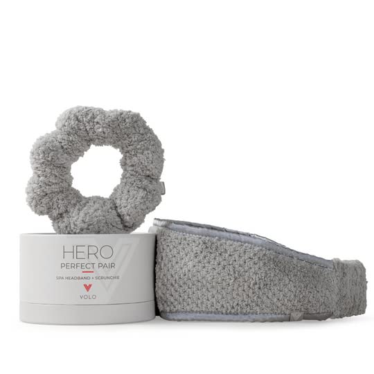 VOLO Luna Gray Spa Headband & Scrunchie Set for Women | Towel Hair Accessories for Makeup, Washing Face, Self Care & Skin Care | Ultra Soft, Absorbent & Stretchy | Perfect Pair Bundle | Microfiber