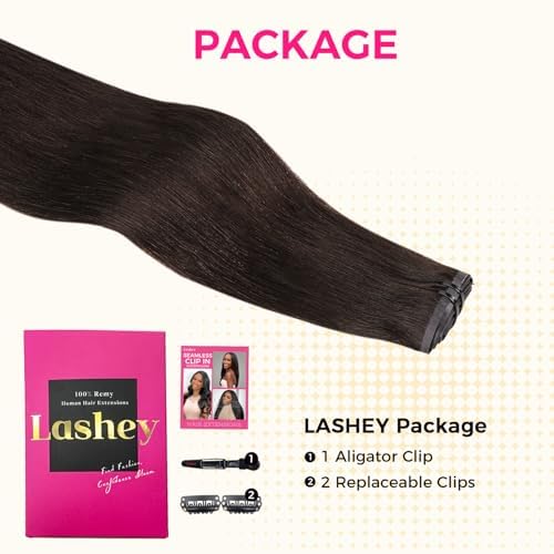 Lashey Seamless Clip-in Hair Extensions - Human Hair, Dark Brown, Light Yaki, Straight, 7pcs, 110g, 18 Inch PU Weft, Natural, for Women