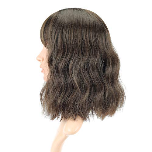 FAELBATY Short Brown Wigs With Bangs Shoulder Length Wig For Women Curly Wavy Synthetic Cosplay Wig for Girl Costume Wigs (12" Natural Black Dark Brown Mix Color)