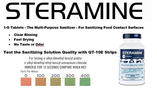Steramine Quat Test Strips for Food Service by FryOilSaver Co., 10 x 15 Litmus Paper, 150x QT-10 Test Strips Measures 0-400 PPM, Color Chart for Testing Steramine Quaternary Tablet Sanitizing Solution
