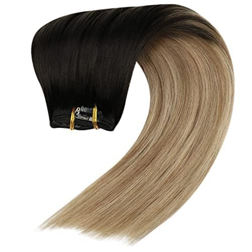 Full Shine Balayage Clip in Hair Extensions Real Human Hair Ombre Black Fading to Brown And Blonde Real Hair Clip in Extensions Double Weft 120 Grams 14 Inch
