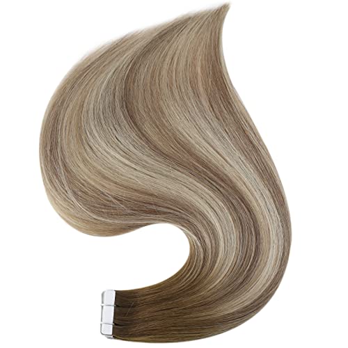 Full Shine Invisible Tape in Hair Extensions 18Inch Remy Tape in Color Dark Brown 3 Fading to 8 and 22 Blonde Double Sided Real Human Hair Extensions 20 Pcs 50G Seamless Brazilian for Wedding