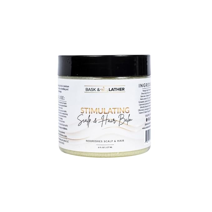 Bask & Lather Stimulating Scalp and Hair Balm for Hair Growth, Mango & Shea Butter, Nourishing Jojoba Oil, Peppermint & Rosemary Oil, Vitamin E, Scalp Care, Hair Care, Moisture, Shine & Strength, 6 oz