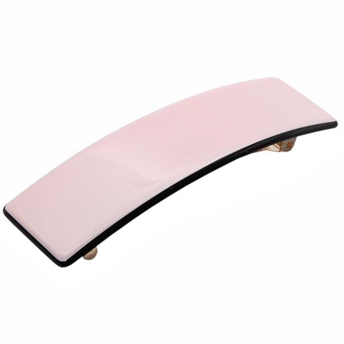 French Amie Fine 1" Wide Rectangular Celluloid Handmade Blush Pink with Black Edges Automatic Hair Barrettes for Women French Hair Clips