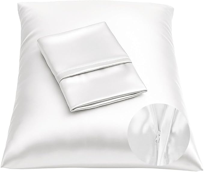 BLISSFORD Satin Pillowcase with Zipper for Hair and Skin Care, Feels Soft and Cool Like a Silk Pillowcase, White Satin Pillow Cases 2 Pack, Slik Pillow Cover, Standard Size - Set of 2