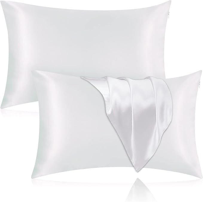Silk Pillowcase for Hair and Skin, 2 Pack 100% Mulberry Silk Pillowcase 25 Momme, 600 Thread Count, Both Side Pure Silk Pillow Cover with Hidden Zipper (White, Queen 20''×30'')