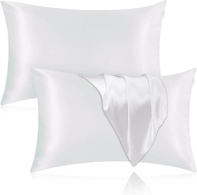 Silk Pillowcase for Hair and Skin, 2 Pack 100% Mulberry Silk Pillowcase 25 Momme, 600 Thread Count, Both Side Pure Silk Pillow Cover with Hidden Zipper (White, King 20''×36'')