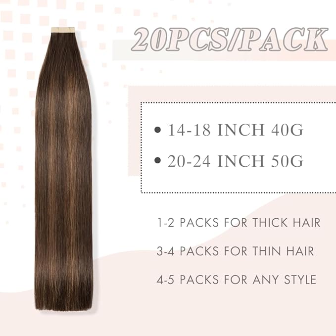 Tape in Hair Extensions Real Human Hair 24 Inch Balayage Dark Brown Mixed Chestnut Brown Double Sided Skin Weft Hair Extension Invisible Tape in Hair Extensions for Women 20pcs (2/2/6#,24 Inch)
