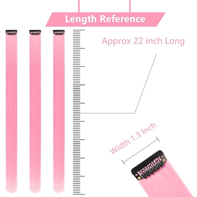Colored Hair Extensions Clip in, Light Pink 10 Pieces 22 Inch, for Kids Girls Women Play Highlights, Synthetic