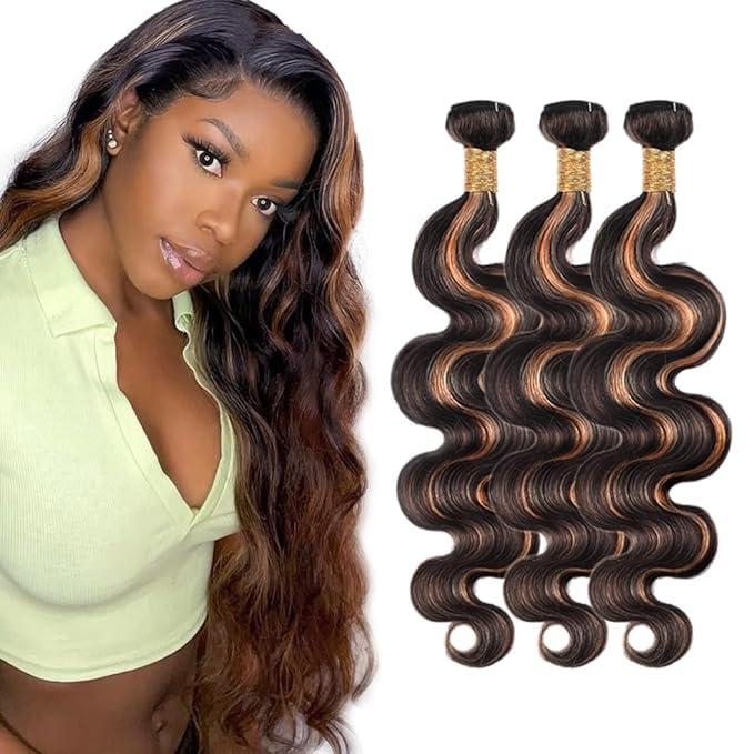 Highlight Bundles Human Hair Light Brown Body Wave Bundle Niegmeag Brazilian Virgin Remy Hair 3 Bundles 16 18 20 Inch Double Weft 2 Tone Black and Light Brown Bundle P1B30 Color