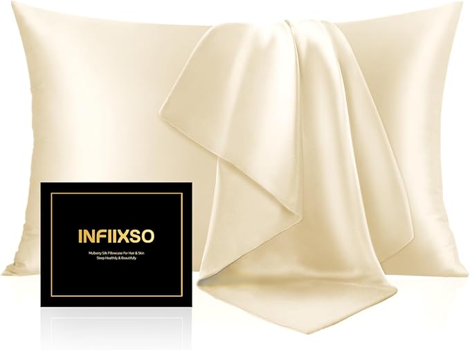 INFIIXSO Mulberry Silk Pillowcase for Hair and Skin, Silk Pillow Cases King Size with Hidden Zipper 20x40 Inches, Extraordinary Smooth and Soft Cooling Pillow Cases for Hot Sleepers(Ivory, 1 Pack)
