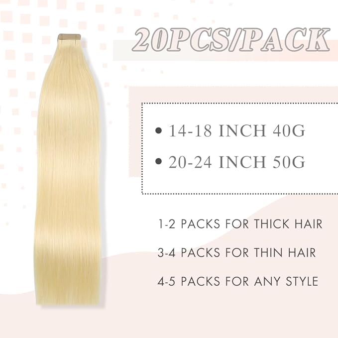 Tape in Hair Extensions Human Hair Color 60 Platinum Blonde Real Hair Extensions Remy 14 Inch Natural 20pcs invisible(60#,14 Inch)