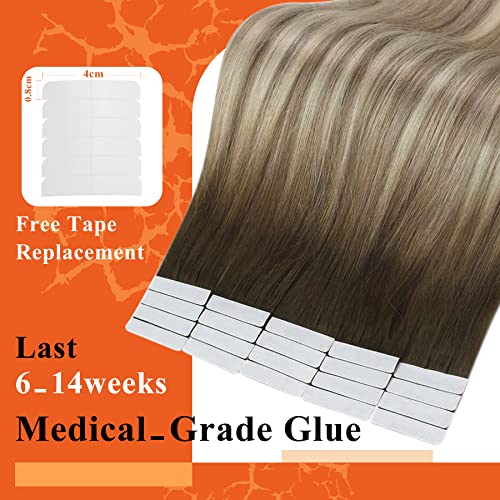 Full Shine Invisible Tape in Hair Extensions 18Inch Remy Tape in Color Dark Brown 3 Fading to 8 and 22 Blonde Double Sided Real Human Hair Extensions 20 Pcs 50G Seamless Brazilian for Wedding