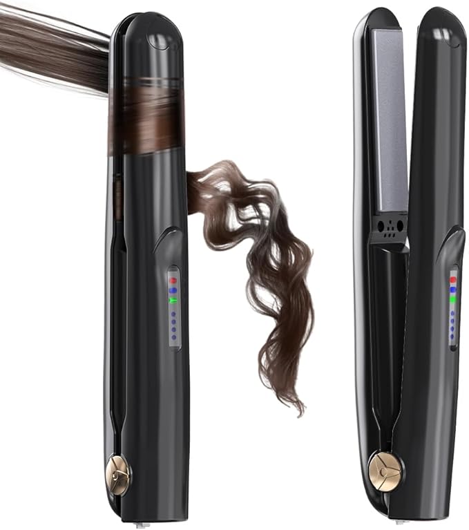 Cordless Hair Straightener and Curler 2 in 1 Ceramic Flat Iron Mini Cordless Portable Travel Hot Tools Straight Curl for Women Men USB Rechargeable with Pouch (Black)