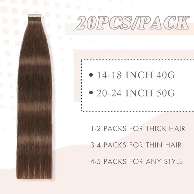 Tape in Hair Extensions Human Hair 20pcs Remy Hair Extensions 18 Inch Darkest Brown Straight Invisible Human Hair Tape in Extensions Skin Weft Tape Extensions Human Hair (4#,18 Inch)