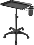 JOSTZHXIN Salon Rolling Tray, Tattoo Tray Rolling Cart, Height Adjustable Styling Tray, Service Storage Tray Trolley for Beauty Salon Clinic Spa,Black-with Cup Holder
