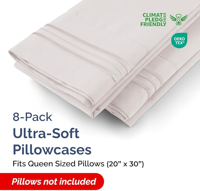 Queen Pillow Cases Set of 8 - Ultra Soft Hotel Quality Pillowcase Covers - Comfy, Cozy & Wrinkle Free - Shrink, Stain & Fade Resistant - Machine Washable Pillow Protectors - 8 Piece Set - Light Grey