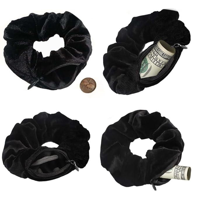 Velvet Scrunchie with Zipper Pocket for Women - Hair Tie with Hidden Storage Compartment for Cash, Lipstick, Keys & Valuables | Hidden Compartment Items for Travel (Black, 4PCS)
