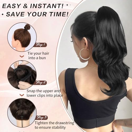 Ponytail Extension, Black Drawstring Ponytail Extension for Women Long Wavy Pony Tails Hair Extensions Synthetic Wavy Clip in Ponytail Hairpiece for Women, 20 Inch