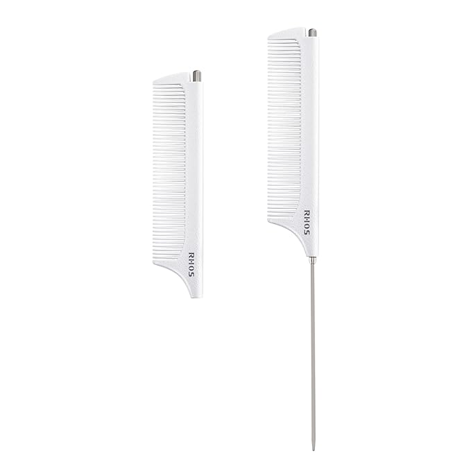 RHOS Carbon Retractable Rat Tail Parting Comb - Portable Fine Tooth Teasing Comb for Styling, Hair Cutting, Braiding with Stainless Steel Pin Tail - White