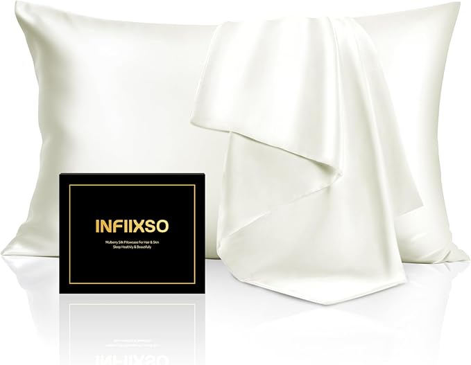 INFIIXSO Mulberry Silk Pillowcase for Hair and Skin, Silk Pillow Cases Queen with Hidden Zipper 20x30 Inches, Extraordinary Smooth and Soft Cooling Pillow Cases for Hot Sleepers(Cream, 1 Pack)