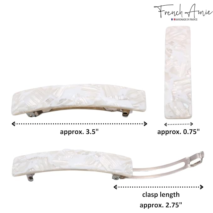 French Amie Oblong 3.5" Celluloid Handmade No Slip Hair Clip Barrette for Women, Made in France (Frost White)