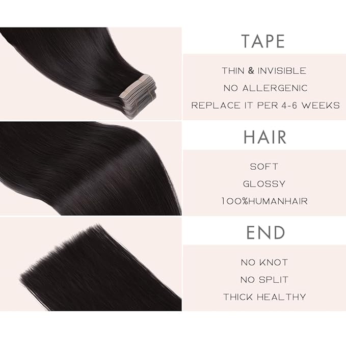 Tape in Hair Extensions Human Hair, 20pcs 14 Inch Natural Black Remy Hair Extensions Straight Human Hair Tape in Extensions Skin Weft Tape Extensions Human Hair (1B#,14 Inch)