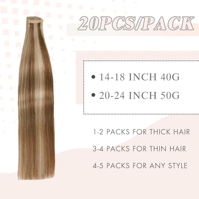 Tape in Hair Extensions Human Hair, Straight Seamless Tape in for Women 20pcs 18inch Invisible Chestnut Brown to Blonde Highlight (P6/613#,18 Inch)