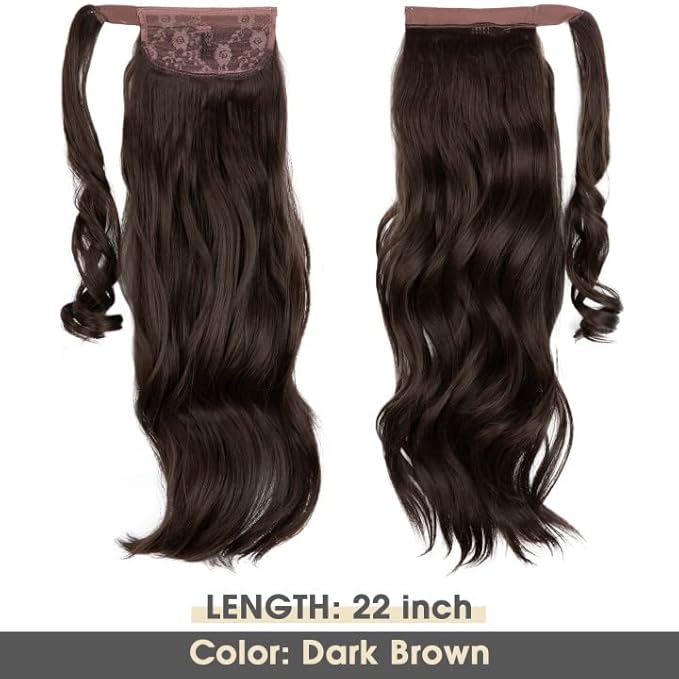 CJL HAIR 22" Long Ponytail Hair Extension Wrap Around Pony Tail Clip in Curly Wavy Synthetic Fake Hairpiece for Women Dark Brown