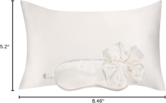 Vegan Silk Sleep Set, Vegan Silk Pillowcase with Large Scrunchie and Eye Mask for Hair and Skin, Self Care Essential Satin Night Routine Kit (Cream Color)