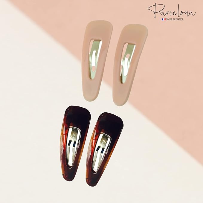 Parcelona French Mini Set of 4 Small Celluloid Acetate Snap Hair Clips No Slip Fashion Durable Styling Women Hair Accessories Girls Snap Hair Barrette, Made in France (Blush Pink-Shell Brown)