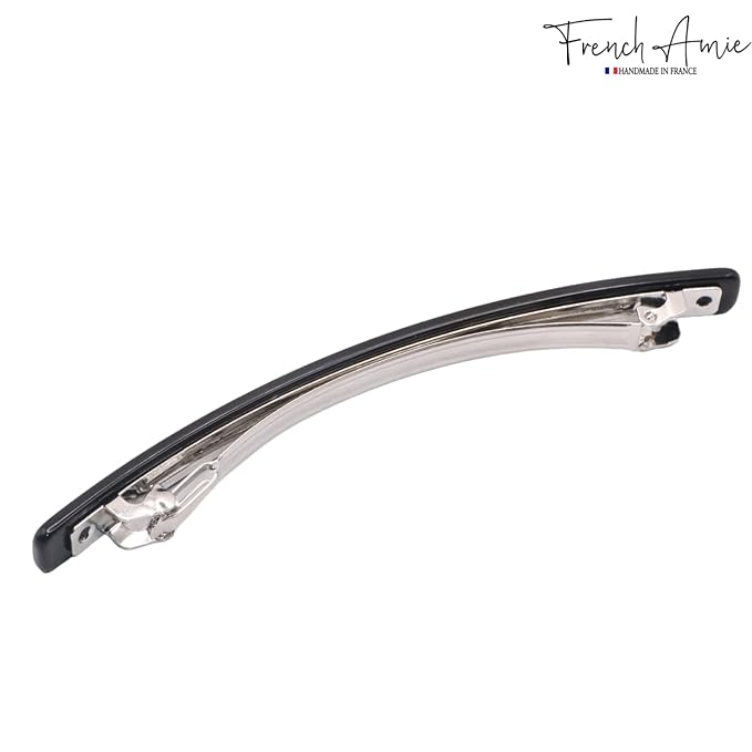 French Amie Long and Thin Large 4" Celluloid Handmade No Slip Durable Hair Barrette Clip for Women, Made in France (Black Nycra)