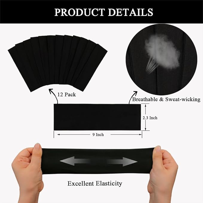 Headbands For Women 12 Pack Sweat Headband Yoga Elastic Black Head Bands Women’s Hair Band Workout Hairbands Accessories