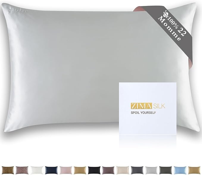 ZIMASILK 22 Momme Silk Pillowcase for Hair and Skin - 100% Pure Mulberry Silk with Hidden Zipper, Grade 6A Luxury Pillow Case for Women, Soft & Durable, Gift Box (Standard 20"x26" Light Grey)