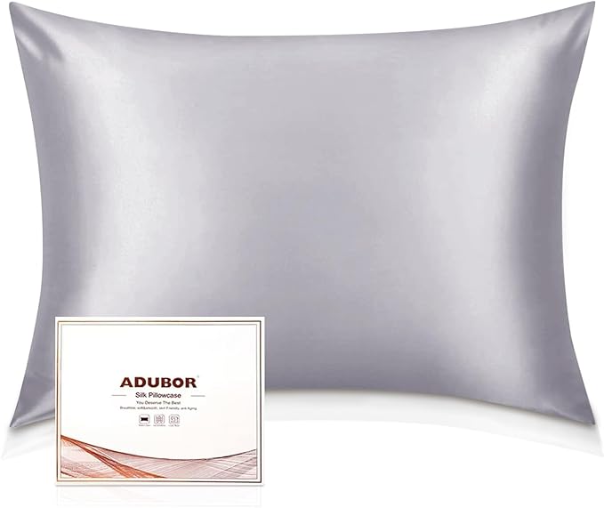 Adubor Silk Pillowcase 2 Pack for Hair and Skin with Hidden Zipper, Both Sides 23 Momme Silk Pillow Case (Silver Gray, Queen: 20''X30'')