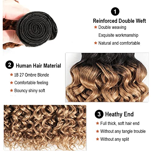 Ombre Bundles Human Hair Blonde Deep Wave Bundle Brazilian Virgin Remy Soft and Silky Hair 3 Bundles 14 16 18 Inch Double Weft 2 Tone Black and Honey Blonde Bundle Hair Weave 300g