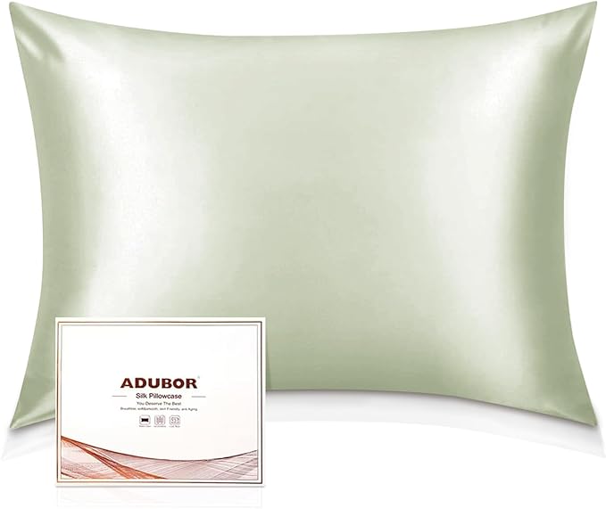 Adubor 100% Silk Pillowcase - Mulberry Silk Pillow Cases, 23 Momme 6A Grade Fibers, Silk Pillow Case for Hair and Skin Health, with Hidden Zipper (Standard 20''×26'', Pea Green, 1PC)