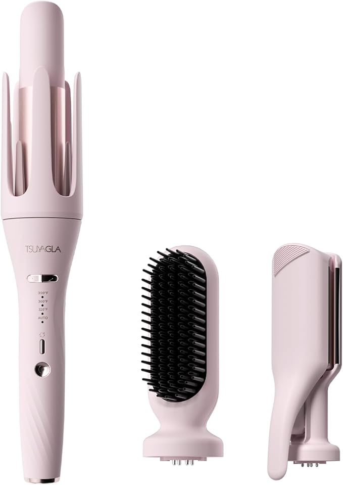3 in 1 Automatic Curling Iron with Interchangeable 1'' Barrel, Hair Crimper, Straightening Brush, Rotating Ceramic Curling Iron with 3 Temp, 2-Way Rotation, 10S Fast Heating, Dual Voltage