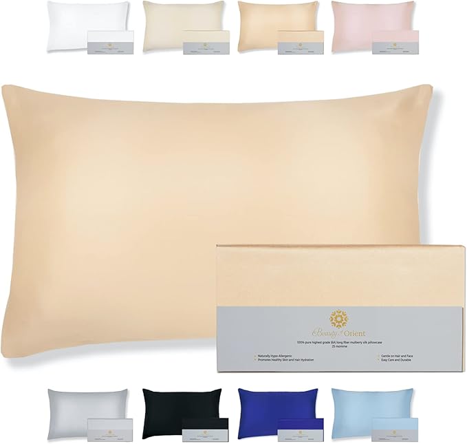 25 Momme Premium Mulberry Silk Pillowcase for Hair and Skin | Handcrafted Hypoallergenic & Anti-Acne Silk Pillow Cases with Zipper | Standard - 20" x 26", Champagne