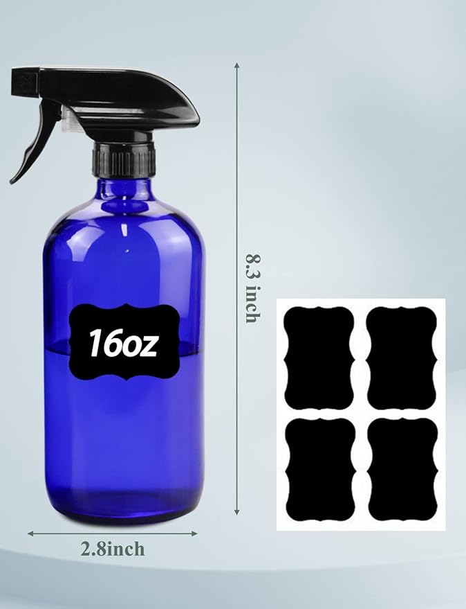 Wedama Glass Spray Bottle, 2 Pack Blue 16 oz Glass Spray Bottles for Cleaning Solutions and Essential Oils, Refillable Empty Spray Bottle with Adjustable Nozzles for Alcohol, Plant and Hair Care