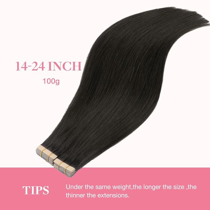 GOO GOO Tape in Hair Extensions Human Hair, 1B Natural black, 18inch 100g 40pcs, Skin Weft Seamless Invisible, Silky Straight with Thick Ends, Remy Human Hair