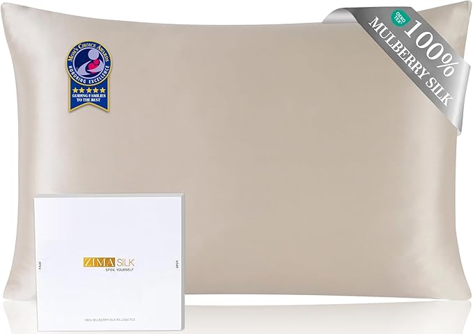 ZIMASILK Upgraded 100% 6A Grade Pure Mulberry Silk Pillowcase for Hair and Skin Silk Pillow Cases with Reinforced Hidden Zipper, More Soft & Durable, Gift Box (Queen 20"x30" Beige)