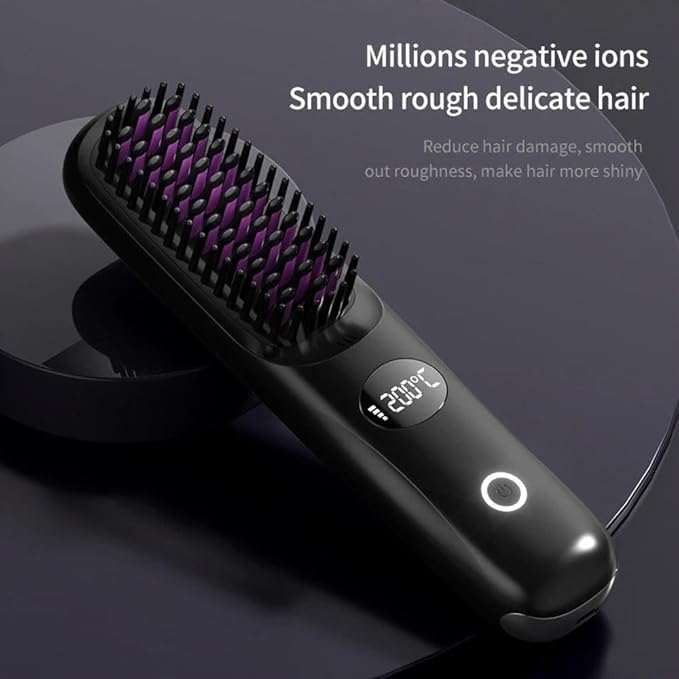 Cordless Hair Straightener Brush: Portable Rechargeable Heated Straightening Comb with LED Display & 3 Temperature Settings - Travel Hair Brush for Smooth Frizz-Free Styling (Purple)