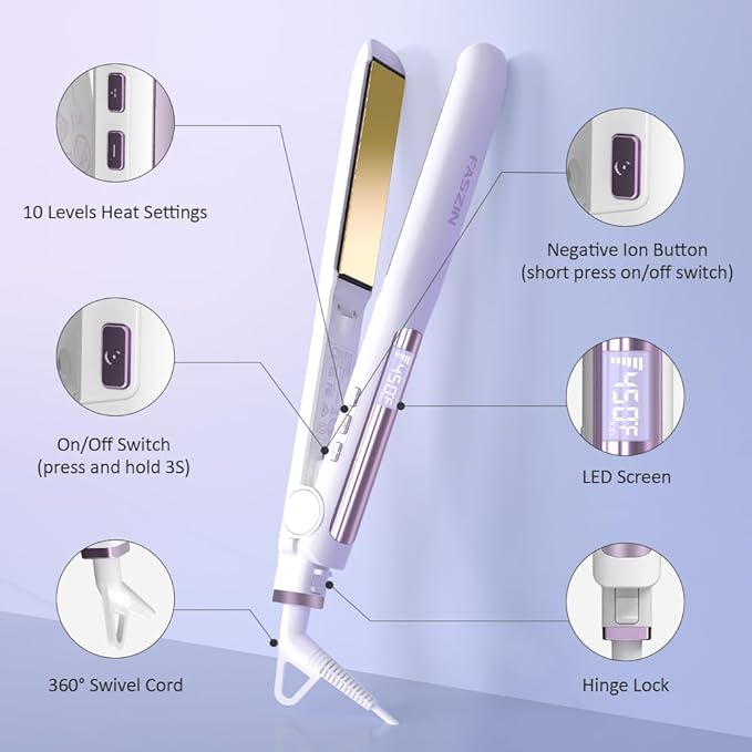 Faszin Hair Straightener, Fast Heat Titanium Flat Iron with Negative Ions to Create Sleek Style, 2 in 1 Straightener and Curler Dual Voltage Styling Tool for Professional Salon Straighten/Curl/Wave