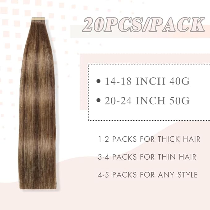 Tape in Hair Extensions, 20pcs 16 Inch Chocolate Brown Mixed Honey Blonde Straight Human Hair Extensions Tape in Seamless Skin Weft Remy (4/4/27#, 16 Inch)
